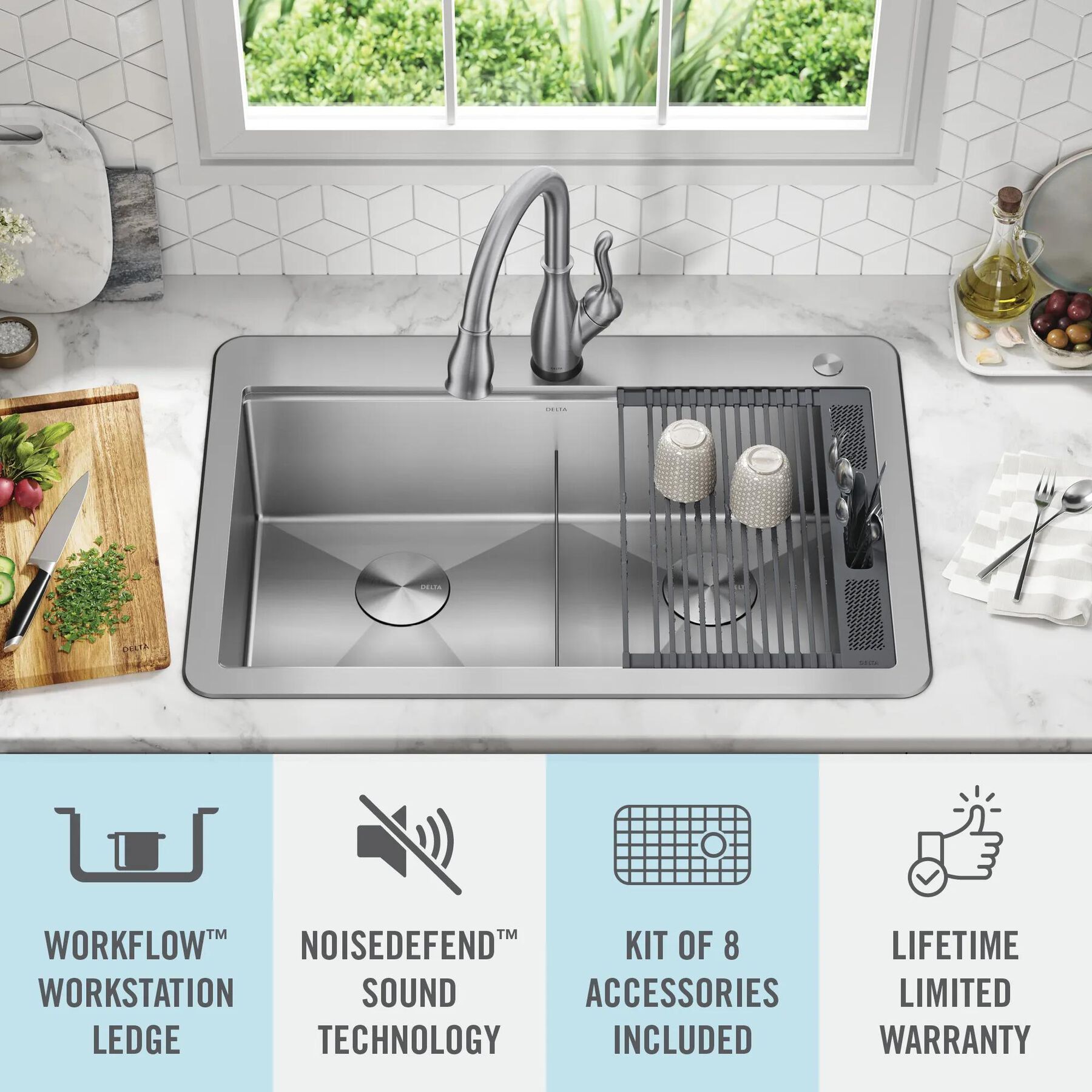 33&rdquo; Workstation&nbsp;Drop-In Top Mount&nbsp;Double&nbsp;Bowl&nbsp;16 Gauge Stainless Steel&nbsp;Kitchen Sink&nbsp;with&nbsp;WorkFlow&trade; Ledge and Accessories
